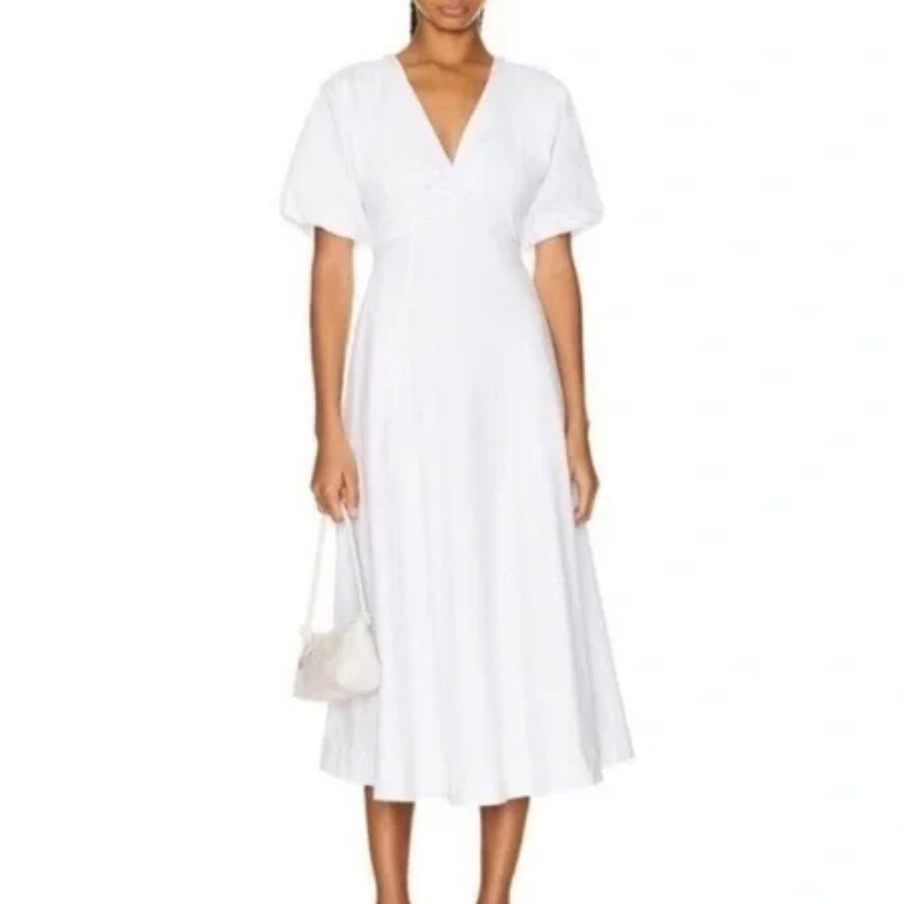 NWT STAUD Finley White Cotton Puff Sleeve Midi Dress Size 4 $375